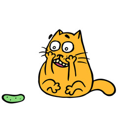 Cute cat turned and was frightened of the terrible cucumber. Vector illustration