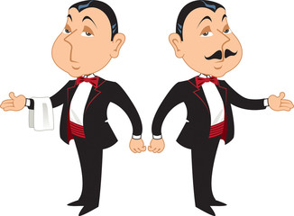 Two professional maitre d's or butlers in formal wear, one with a mustache and one without.