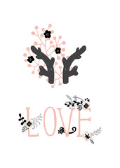 Vector set of post cards, invitations with hand drawn lettering, flowers and decorative elements. Boho and vintage style