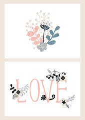 Vector set of post cards, invitations with hand drawn lettering, flowers and decorative elements. Boho and vintage style