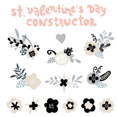 St. Valentine's designer. Floral concept wreaths and laurels with polygon, flowers, leaf and branches. Vector elements isolated on white background, tribal, boho style.