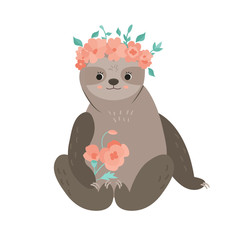 Cute girl sloth with bouquet in a flower wreath