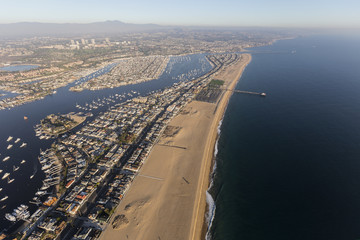 Aerial view of Newport Beach Harbor, Balboa Bay, nearby homes and parks.  
