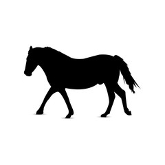 Silhouette of running horse in profile.