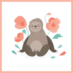 Cute sloth sitting in pink flowers.