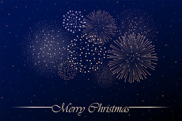 Firework show on blue night sky background. Christmas concept. Congratulations background. Vector illustration