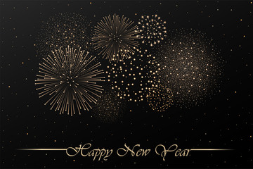 Firework show on black night sky background. New year concept. Congratulations background. Vector illustration