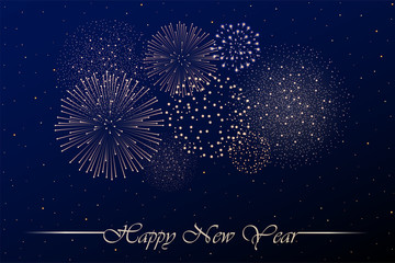 Firework show on blue night sky background. New year concept. Congratulations background. Vector illustration