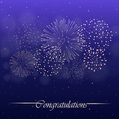 Firework show on violet night sky background. Independence day concept. Congratulations background. Vector illustration