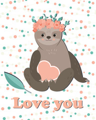 Card with cute girl sloth in floral wreath