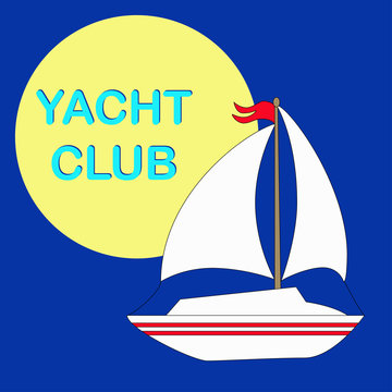 Yacht with white sails and red flag. Vector illustration