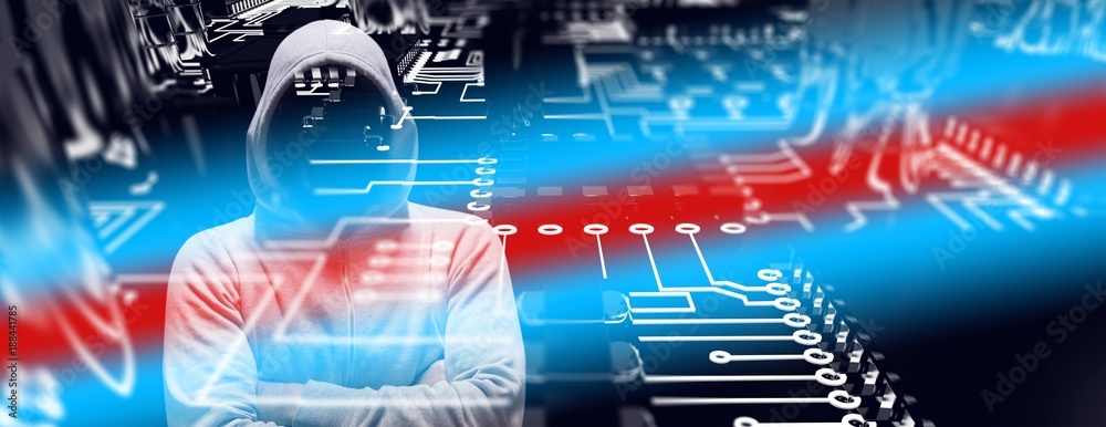 Poster composite image of hacker standing with arms crossed