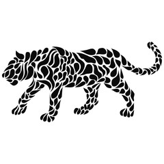 Silhouette of a walking black panther in a tattoo style. Vector illustration