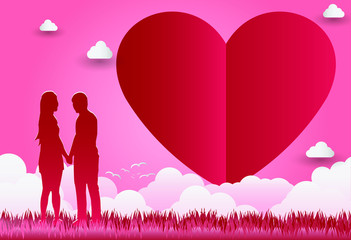 Plakat Illustration of love and Valentine's Day, standing hand in hand, showing love to each other.