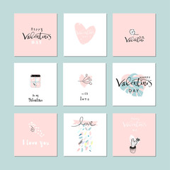 Fototapeta na wymiar Romantic Collection of Cute Hand Drawn Abstract Valentine s Day Cards. Trendy backgrounds for greeting cards, headers, invitations, gift paper, posterts, banners, brochures, web. Vector Illustrations