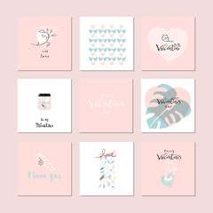 Romantic Collection of Cute Hand Drawn Abstract Valentine s Day Cards. Trendy backgrounds for greeting cards, headers, invitations, gift paper, posterts, banners, brochures, web. Vector Illustrations