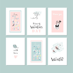 Romantic Collection of Cute Hand Drawn Abstract Valentine s Day Cards. Trendy backgrounds for greeting cards, headers, invitations, gift paper, posterts, banners, brochures, web. Vector Illustrations