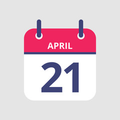 Flat icon calendar 21st of April isolated on gray background. Vector illustration.