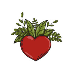 Heart symbol with green leaves. Vector.