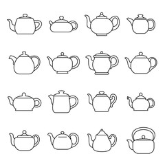 Kettle teapot icons set. Outline illustration of 16 kettle teapot alcohol logo vector icons for web