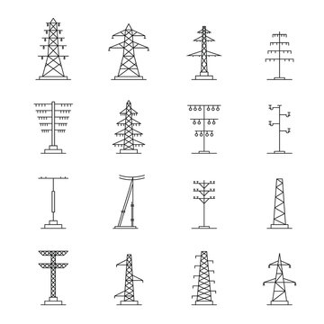 Electrical Tower High Voltage Icons Set. Outline Illustration Of 25 Electrical Tower High Voltage Vector Icons For Web