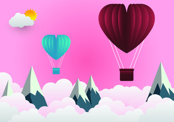 Obraz premium valentine's Day balloon heart-shaped floating in the sky and beautiful mountains cloud.paper art.vector illustration
