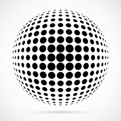 White 3D vector halftone sphere.Dotted spherical background.Logo template with shadow.Circle dots isolated on the white background.