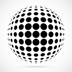 White 3D vector halftone sphere.Dotted spherical background.Logo template with shadow.Circle dots isolated on the white background.