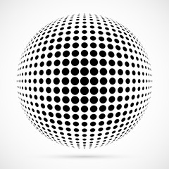 White 3D vector halftone sphere.Dotted spherical background.Logo template with shadow.Circle dots isolated on the white background.