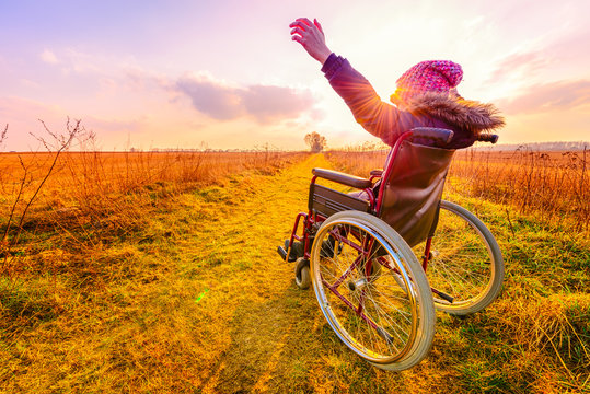 Happy woman at sunset. A young girl in a wheelchair - back view