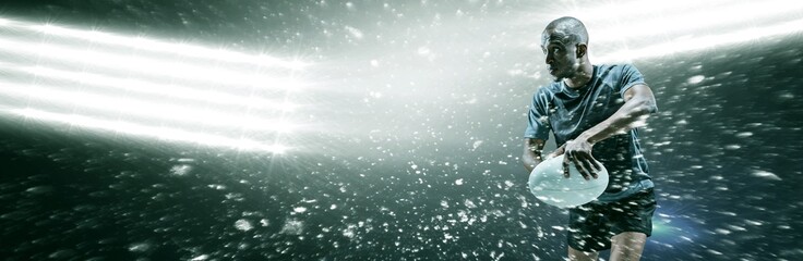 Composite image of determined rugby player in position to throw