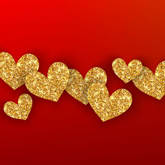 Realistic golden hearts on red background. Happy Valentines Day concept for greating card. Romantic Valentine gold hearts. Weeding vectordesign elements