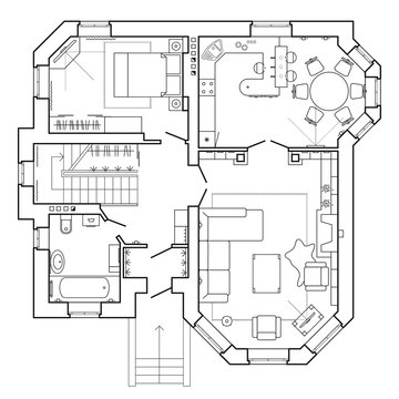 Black and White architectural plan of a house. Layout in  top veiw of the apartment with the furniture icons in the drawing view. Vector project of house interior, blueprint.