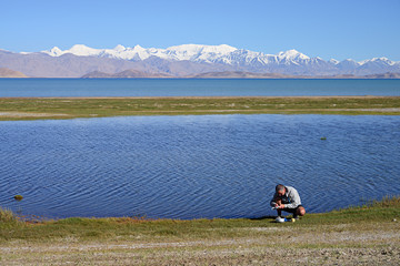 Camping on the beautiful Karakul lake, M41 Pamir Highway, Tajikistan