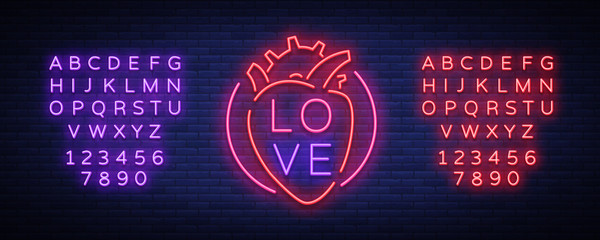 Love symbol vector. Neon sign on the theme of Valentine s Day. Flaming banner for greetings, leaflet, flyer. Bright night neon advertisement for the day of lovers. Editing text neon sign