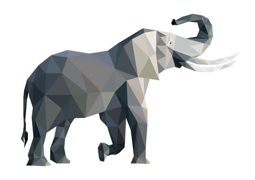 Vector big grey elephant from triangles isolated on white background, side view, eps.