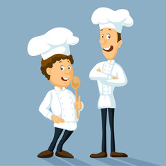 Chefs in uniform standing and smiling.  - Professional master hold wooden spoon vector illustration - flat design
