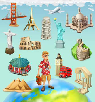 Travel, tourist attraction. 3d vector icon set on background