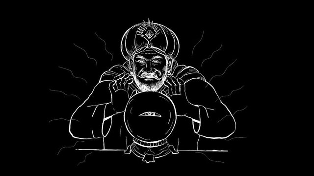 2d Animation motion graphics showing a fortune teller, medium, psychic, mystic,seer, soothsayer or clairvoyant scrying on a crystal ball with eye on white screen, green screen with alpha matte in HD 