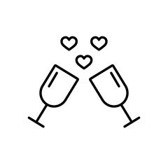romance champagne glasses with hearts thin line black icon