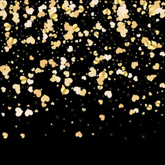 Confetti of hearts vector image. Gold on black. Placer to the day of the holy Valentine