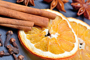  Cinnamon sticks with dried oranges fruit and star anise