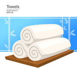 Three white rolled towels on wooden plate. Vector illustration