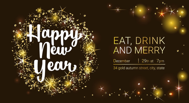 New year poster with decorate text and glowing light effects. Vector illustration.