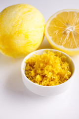 Lemon and juice on a white background