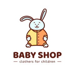 Logo baby shop. Vector template of the brand for the designer. The element of the corporate style for Studio sewing and tailoring. Bunny in overalls. Illustration in cartoon style