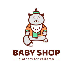 Logo baby shop. Vector template of the brand for the designer. The element of the corporate style for Studio sewing and tailoring. Kitten in the orange jacket and green hat.