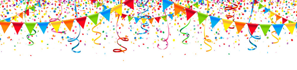Konfetti Kulisse mit bunten Luftschlangen und Wimpel Girlanden - Banner