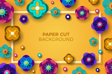 Fototapeta premium Greeting Card with Square Frame, Paper cut Origami Sakura Flowers and Circle on Light Background. Vector illustration.