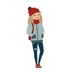 colorful school girl wearing winter clothes. coat, hat, scarf, book pack, jeans and boots. isolated vector people illustration. teenager smiling.